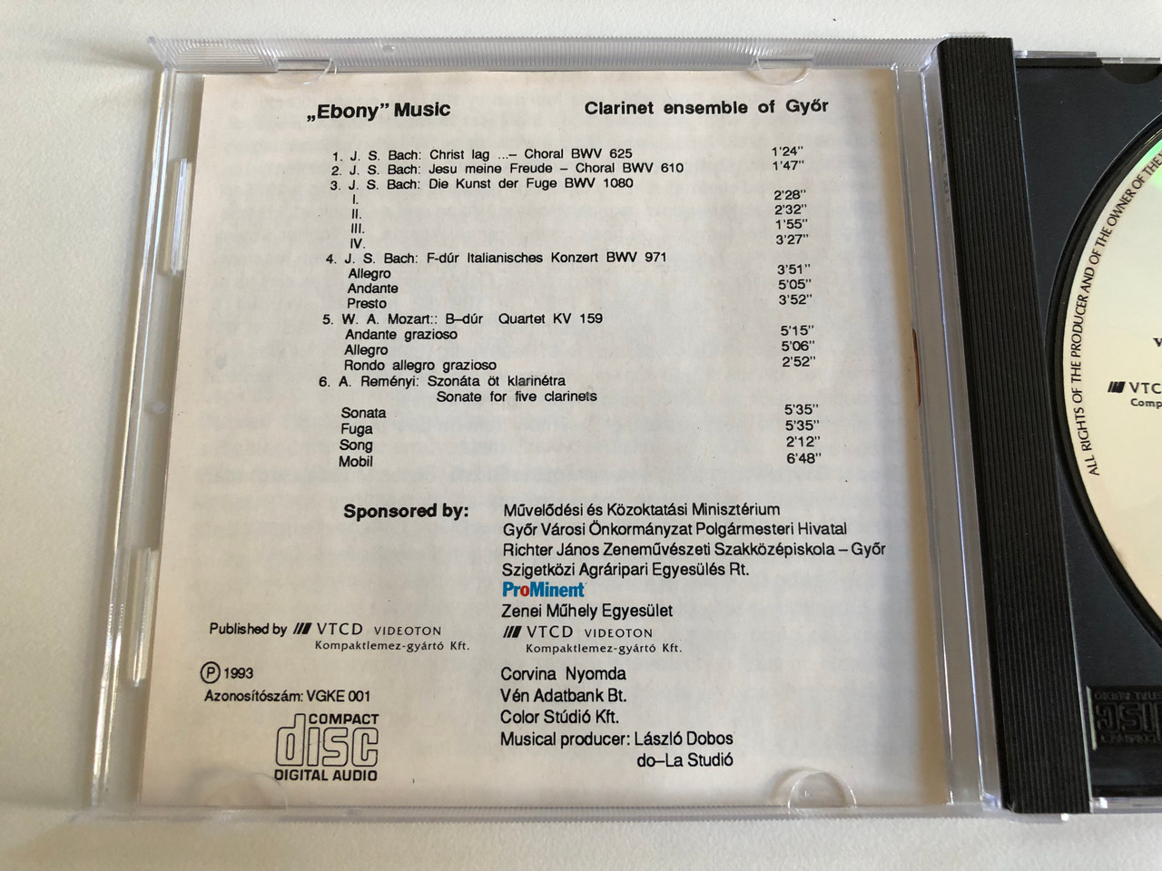 Ebony'' Music - Clarinet Ensemble Of Gyor / Teodor Burkali, Peter Molnar,  Geza Fuke, Ferenc Szabo / Artistic Director: Andras Szabo / Audio CD 1993 /  VGKE 001 - bibleinmylanguage