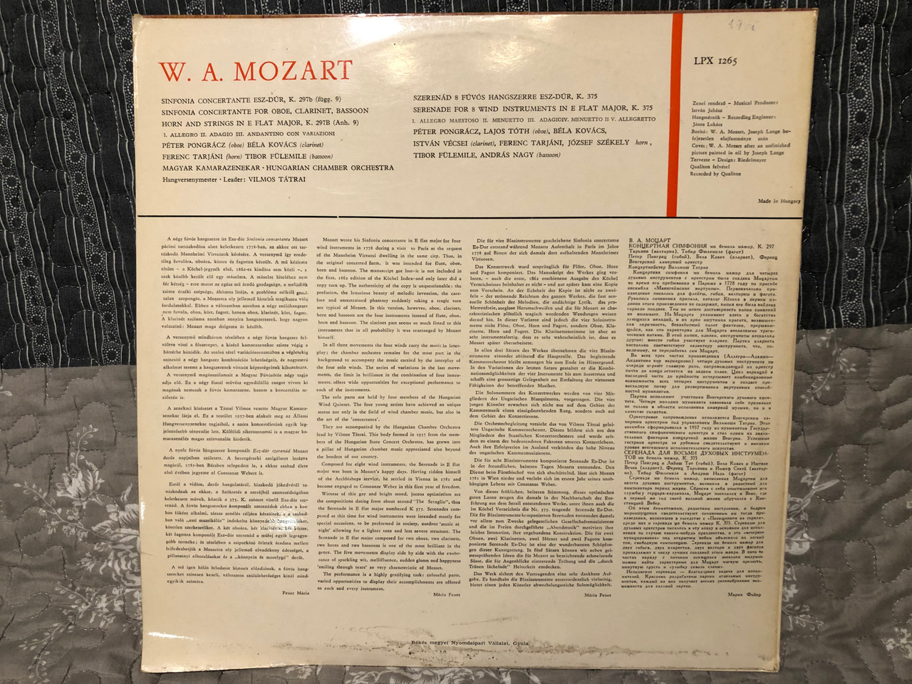 Mozart, Hungarian Chamber Orchestra, Hungarian Wind Ensemble – Sinfonia  Concertante In Esz-dur K.297b (Anh.9) / Serenade In Esz-dur, K.375 /  Qualiton / 1966 LP VINYL LPX 1265 - bibleinmylanguage