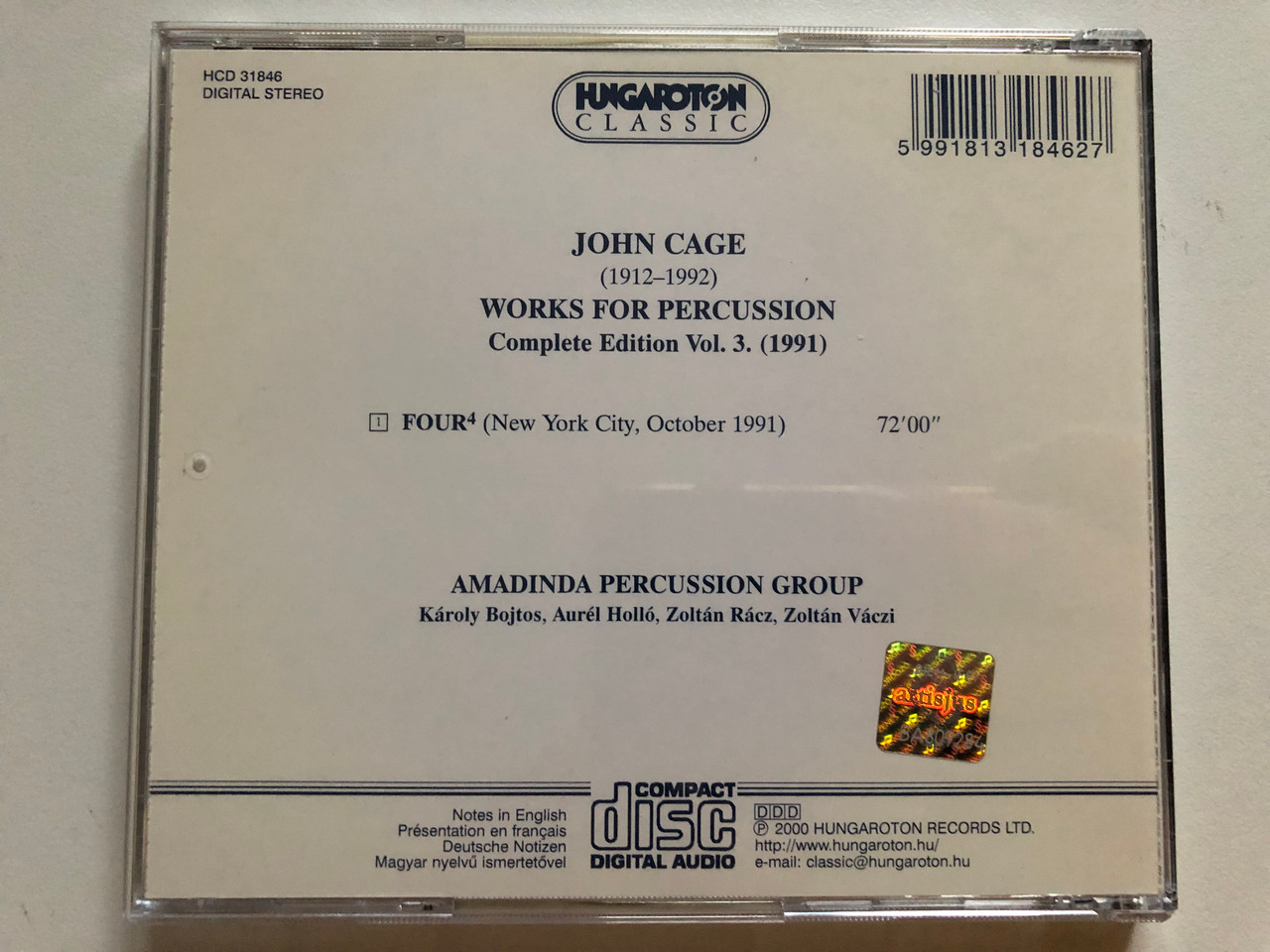 John Cage: Four⁴ - Works For Percussion Vol.3 (1991) / Legacies - 4 /  Amadinda Percussion Group / Hungaroton Classic Audio CD 2000 Stereo / HCD  31846