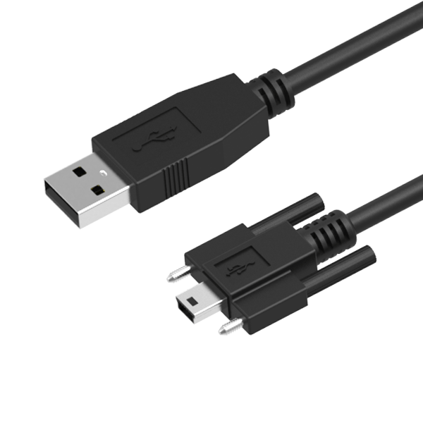 USB 2.0 A Male to Mini B Male with Screw (M3) Locking Cable, 12in, 2m, 5m