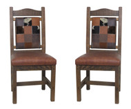 Set of 2 Barnwood Dining Chairs Patchwork Leather Back and Leather Seat