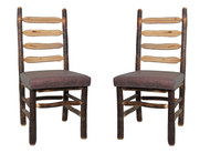 Set of 2 Rustic Hickory Ladder Back Dining Chairs Upholstered Back and Leather upholstered Seat