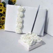 White Wedding Guest Book Silver Pen & Stand Set - White Roses