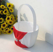 White Wedding Flower Girl Petal Basket - Red Bow and Diamante Stud Design
