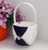 White Wedding Flower Girl Petal Basket - Black Bow and Diamante Stud Design