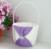 White Wedding Flower Girl Petal Basket - Purple Bow and Diamante Stud Design