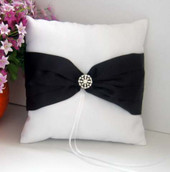 White Wedding Ring Bearer Pillow - Black Bow and Diamante Stud Design