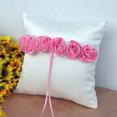 White Wedding Ring Bearer Pillow - Pink Rosettes Design