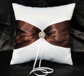 White Wedding Ring Bearer Pillow - Chocolate Brown Sach Ribbon Bow and Diamante Stud Design