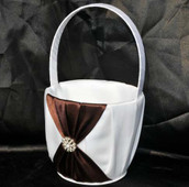 White Wedding Flower Girl Petal Basket - Chocolate Brown Sach Ribbon Bow and Diamante Stud Design