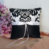White Wedding Ring Bearer Pillow - Black and White Fleur Design White Ribbon Bow