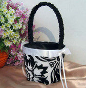 White Wedding Flower Girl Petal Basket - Black and White Fleur Design White Ribbon Bow