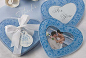 Blue Heart Shaped Christening Shower Wedding Bomboniere Glass Coaster - Photo Frame - 2 per set
