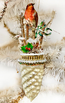 Winter Scene with Robin on Frosted Silver Pinecone Ringed with Pearls