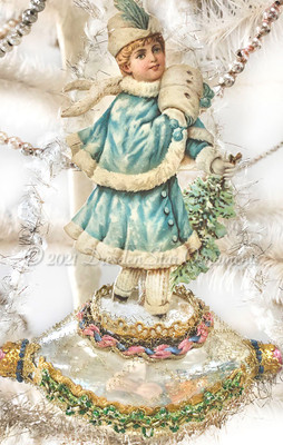Wintry Girl with Blue Fur-Lined Cloak Inside Silver Glass Boat with Antique Beadwork