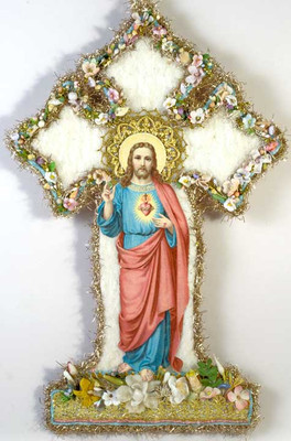 Jesus on Cotton Batting Cross Adorned with Flowers SS022814A