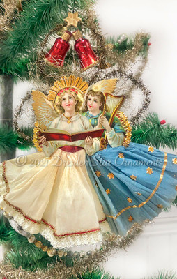Twin Angels with Blue and Ivory Crepe Paper Skirts and Red Glass Bells 