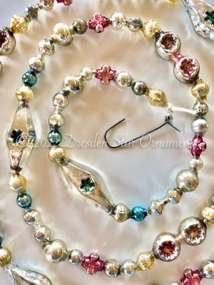 Delicate Vintage Multicolored Glass Bead Garland in Silver, Pastel Pink, Blue – 3 Foot Length
