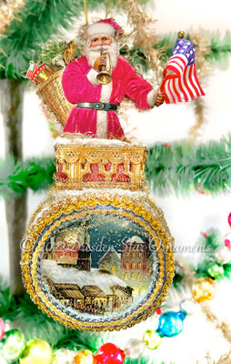 Santa with Toys on Gilded Gold Balcony on Magical Indent with Church Scene