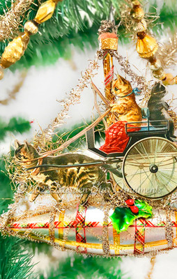 Christmas Ship with Two Tabby Kittens Riding Carriage Pulled by Mama Cat