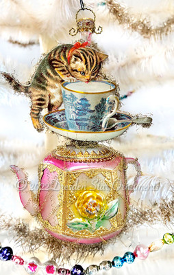 Reserved for Gabrielle - Kitty with China Teacup on Gorgeous Decorated Antique Teapot