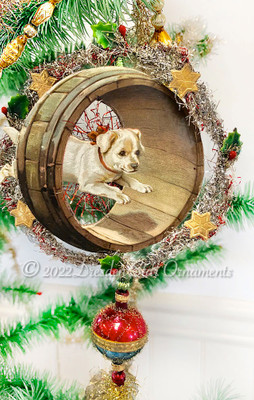 Lifelike Puppy Jumping Through Barrel on Tinsel Ornament with Antique Glass Bead