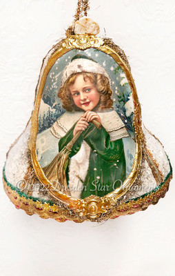 Wintry Girl on Fancy Frosted Paper Mache Bell