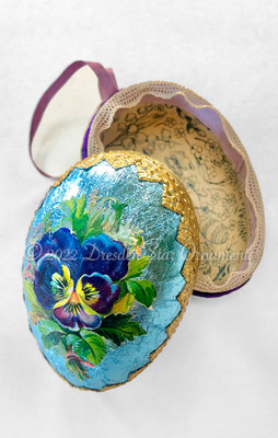 2-Sided Blue Paper Mache Egg Candy Container with Violet Pansy and Pastel Lavender Pansy