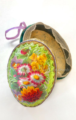2-Sided Green Paper Mache Egg Candy Container with Tulip and Spring Flowers