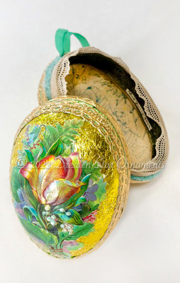 2-Sided Yellow-Gold Mache Egg Candy Container with Tulip and Pansy