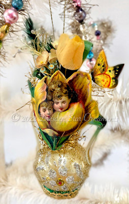 Tulip Flower Children on Gold Glass Vase with Rare Paper Tulip and Swallowtail Butterfly 