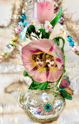 Morning Glory Flower Children on Silver Glass Teapot with Rare Paper Tulip and Iridescent Dresden Butterfly