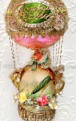 Mama Hen Delivering Eggs on Cheerful Pink and Blue Easter Balloon Ringed with Lace and Flowers