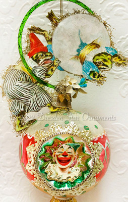 Performing Circus Frogs on Mid-Century Clown Ornament with Czech Glass hoop