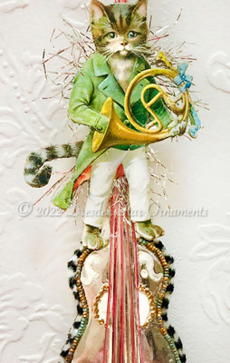 Lifelike Kitty-Cat Playing French Horn on Striking Glass Cello 