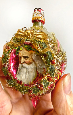 Santa inside Wonderful Condition Silver and Magenta Mid-Century Indent Framed with Festive Wreath 