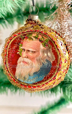 Old-World German Santa in Small Antique Red Indent with Gorgeous Embossed Gold Trim .  
