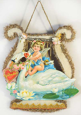 Reserved for Mike - Cherub Riding Swan on Cotton Batting Harp