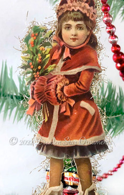 Victorian Girl in Red Winter Coat on Green Glass Spindle Ornament