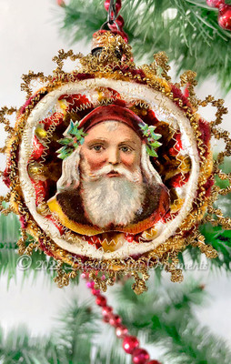 ~NOW $30 OFF~ Red/Gold Santa in Silver Indent Ornament accented with Gold Decorative Wire