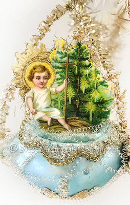 Baby Jesus with Christmas Tree on Petite Baby Blue Satin Glass Basket