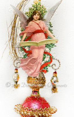 Christmas Angel on Petite Pink and Silver Sphere Ornament with Dangling Glass Beads