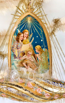 Starry Night Celestial Angels with Baby Jesus on Glorious Magical Ship Ornament