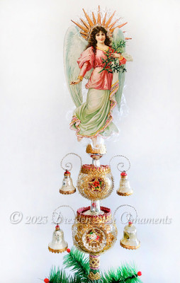 SAVE $100~ Showcase Tall Topper Angel with Lifelike Gown on Silver Spire with 6 Indents and 5 Silver Bells