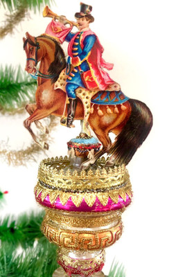 Reserved for Susan – Military Officer on Horseback Playing Bugle on Fancy Glass Clip On Ornament