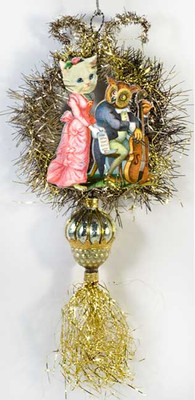 The Owl and The Pussy Cat in Concert on Tinsel Ornament, with Antique Acorn Bead