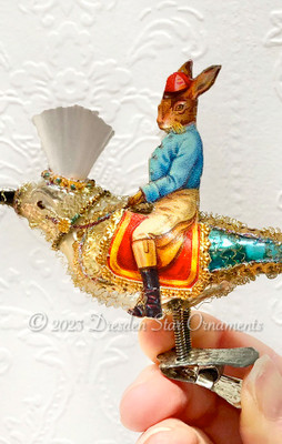 Jaunty Rabbit Jockey Riding Songbird with Spun-Glass Crown
