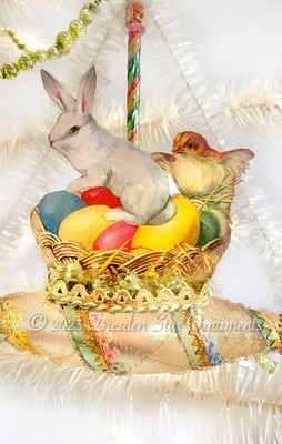 Bunny and Chick with Easter Basket on Pastel Glass Ship Ornament