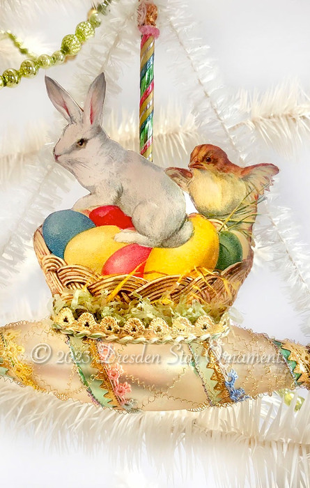 Bunny and Chick with Easter Basket on Pastel Glass Ship Ornament