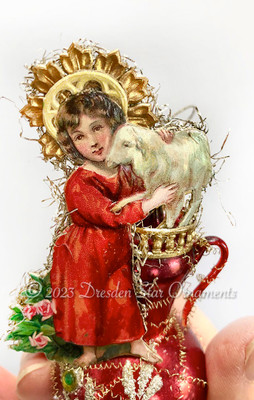 Jesus Holding Lamb on Pretty Red Free-Blown Glass Vase Ornament